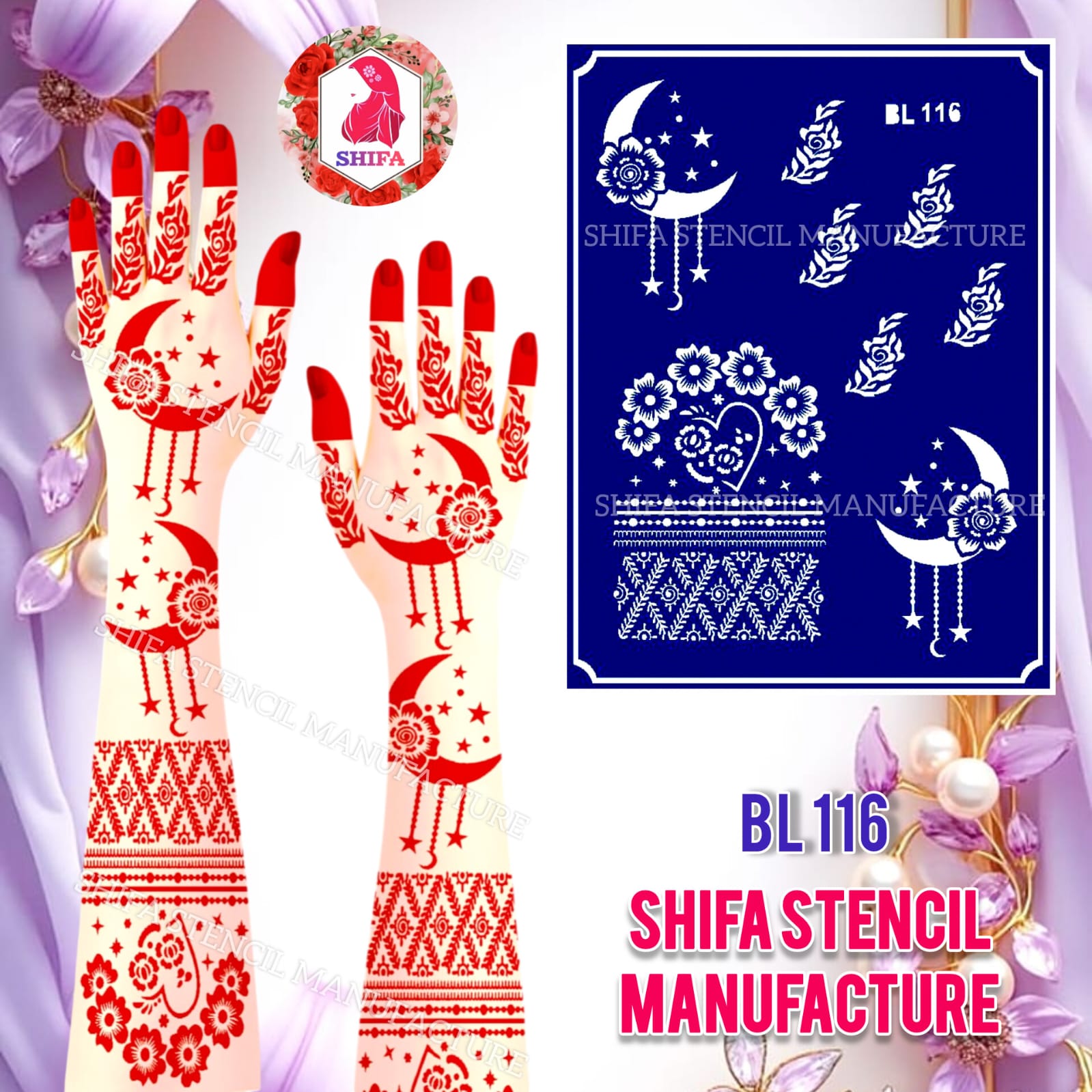 BL116 Twilight Blossom Serenade Sticker Overview Henna Stencil - Shifa Stencil
